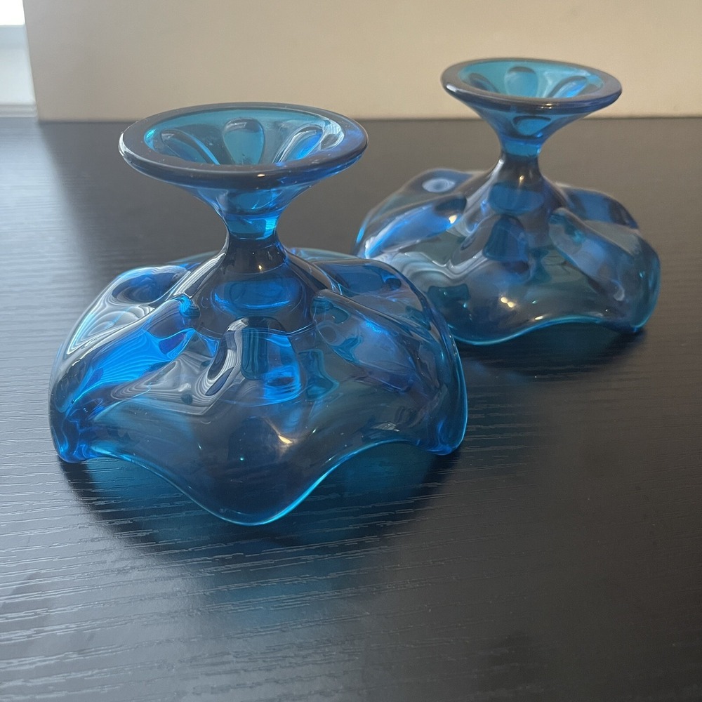 Pair 2x MCM Viking Glass Bluenique 6 Petal Candle Holders Candlestick Holder - Picture 7 of 11